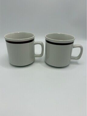 Genuine Stoneware Mugs Set Of 2 Japan Stamped VTG Brown Stripe